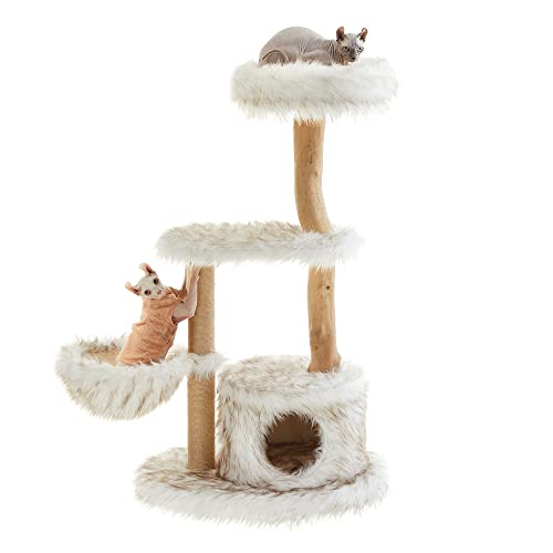 Feandrea Modern Cat Tree, Wood Cat Tower for Large Cats up to 22 lb, 48.4-Inch Luxury Cat Condo with Scratching Post, Perch, Cave, Basket, White UPCT144W01 - WoodArtSupply