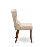 Luxe by East West Furniture NKSI9-AWA-04 9-Piece Dining Table Set Consists of a Dining Table and 8 Light Tan Linen Fabric Kitchen Chairs with Button Tufted Back - Antique Walnut Finish Luxe by East West Furniture