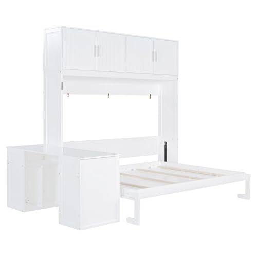 Ball & Cast Murphy Bed Queen Size,Hideaway Beds with Desk and Storage Shelves,Multifunction Wood Wall Cabinets Bedframe W/Big Cabinets &Hardware Chain,Slat Support,Space-Saving for Apartment,White Ball & Cast