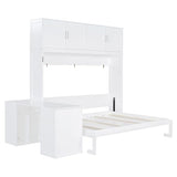 Ball & Cast Murphy Bed Queen Size,Hideaway Beds with Desk and Storage Shelves,Multifunction Wood Wall Cabinets Bedframe W/Big Cabinets &Hardware Chain,Slat Support,Space-Saving for Apartment,White Ball & Cast