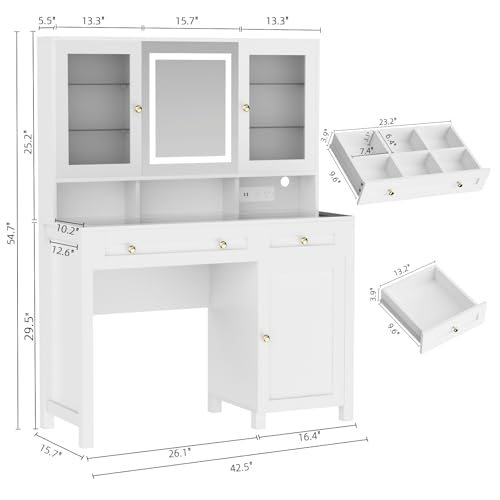 Semoic White Makeup Vanity Desk with LED Mirror and RGB Lights and Power Outlet, Morden Glass Top Vanity Table with Drawer & Storage Cabinet & Adjustable Shelves, Large Dressing Table for Bedroom Semoic