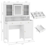 Semoic White Makeup Vanity Desk with LED Mirror and RGB Lights and Power Outlet, Morden Glass Top Vanity Table with Drawer & Storage Cabinet & Adjustable Shelves, Large Dressing Table for Bedroom Semoic