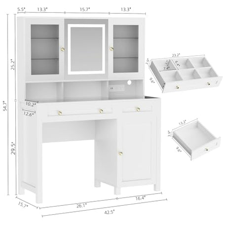 Semoic White Makeup Vanity Desk with LED Mirror and RGB Lights and Power Outlet, Morden Glass Top Vanity Table with Drawer & Storage Cabinet & Adjustable Shelves, Large Dressing Table for Bedroom Semoic