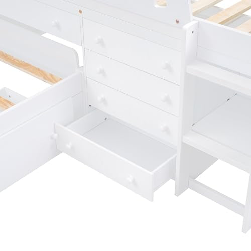 Ball & Cast L-Shaped Space-Saving Twin Low Loft with Platform Bed,Bunk Bedframe W/Full Safty Guardrails & 7 Drawers,Sturdy Construction,Easy Assembly,Functional Bedroom Set for Boy Girl Keens,White Ball & Cast