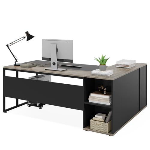 Tribesigns 71 inch Executive Desk, L Shaped Desk with Cabinet Storage, Executive Office Desk with Shelves, Business Furniture Desk Workstation for Home Office, Gray Tribesigns