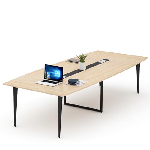 LITTLE TREE 8FT Conference Room Table, 94.48L x 47.21W x 29.52H Boat Shaped Meeting Table, Light Walnut - WoodArtSupply