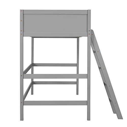 Harper & Bright Designs Grey Twin Loft Bed Frame with Angle Ladder and Full-Length Guardrails for Kids and Teens - WoodArtSupply