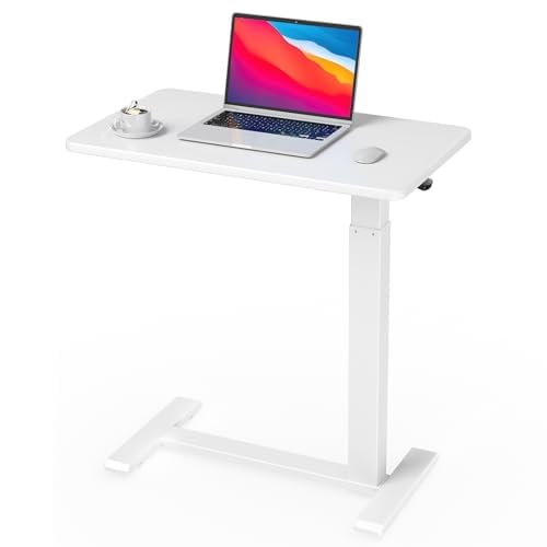 Ywin Medical Adjustable Overbed Bedside Table with Wheels, Rolling Standing Desk, Pneumatic Small Side Bed Table with Tray for Couch, Hospital, Home,Office Use (White) Ywin
