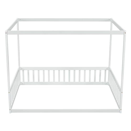 SOFTSEA Grey Full Size Canopy Bed Frame with Guardrails - Low Floor Design, Easy Assembly, No Box Spring Needed SOFTSEA