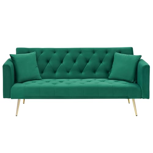 71" Modern Velvet Sofa Bed Futon, Convertible Sleeper Couch with Adjustable Backrest, Tufted Recliner Loveseat with Golden Chrome Legs & 2 Pillows for Small Spaces, Living Room, Apartment (Green) Generic