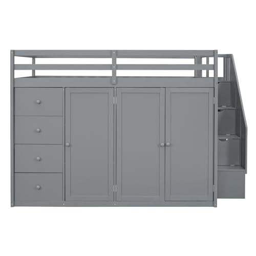 Merax Full Size Wood Loft Bed with Built-in Wardrobes,Wood Loft Bed with Multiple Storage Cabinets and Drawers for Bedroom,Gray Merax