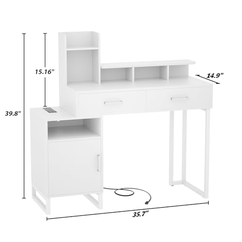 Besiost Vanity Desk, Small Vanity Desk with Power Outlet, Makeup Desk with Drawers and Cabinets, Vanity Set with Storage Shelves for Bedroom, No Mirror, White Besiost