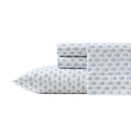 Laura Ashley - Queen Sheet Set, Crisp & Cool Sheets w/a Naturally Smooth Cotton Percale Feel, Deep Pocket, Bed Sheets with Matching Pillowcases & Fitted Sheet (Francesca Blue) Laura Ashley