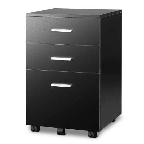 DEVAISE 3 Drawer Wood Mobile File Cabinet, Rolling Filing Cabinet for Letter/A4 Size, Black - WoodArtSupply