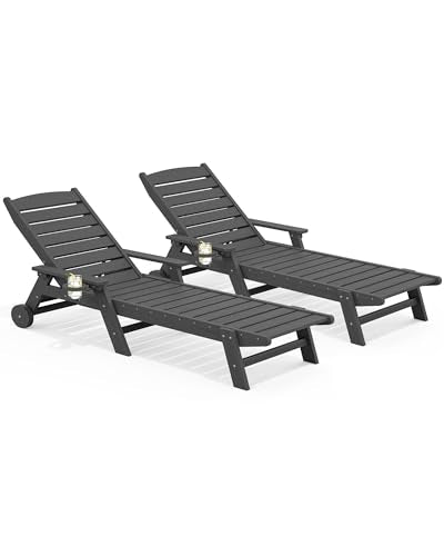 SERWALL Patio Chaise Lounge Chair Set of 2, 78'' Long 5-Positions Adjustable HDPE Outdoor Lounger for Pool, Poly Lounge Chair with Rolling Wheels & Cup Holder for Poolside, Deck, Gray