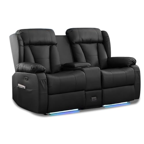 DUNELLA 66" Power Loveseat Recliner Sofa, Home Theater Seating with Console, Electric Recliner RV Sofa with USB/Type-C/Storage/Side Pocket/LED Light for Travel Trailers (Black)