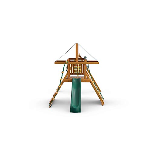 Gorilla Playsets 01-1059-AP High Point Wood Swing Set with Green Vinyl Canopy, Two Swings, Rock Climbing Wall, Slide, Amber - WoodArtSupply