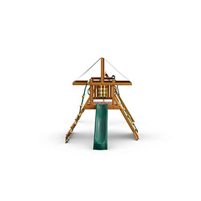 Gorilla Playsets 01-1059-AP High Point Wood Swing Set with Green Vinyl Canopy, Two Swings, Rock Climbing Wall, Slide, Amber - WoodArtSupply