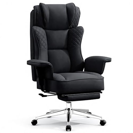 OwgeinSet Big and Tall Office Chair, Ergonomic Leather Reclining Chair with Footrest, High-Back Comfy Executive Computer Desk Chairs with Lumbar Support, Wide Seat, 400LBS (Black) OwgeinSet