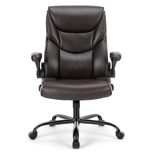 Sweetcrispy Computer Gaming Chair, Ergonomic High Back Heavy Duty Task Desk Office Chairs with Wheels, Flip-up Arms, Adjustable Height, PU Leather,Dark Brown Sweetcrispy