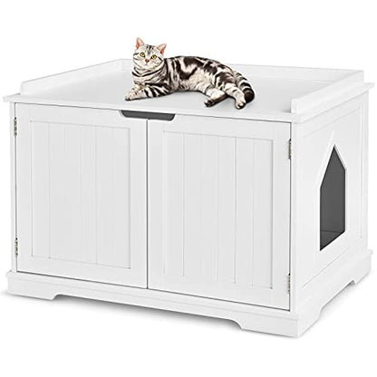 Tangkula Litter Box Enclosure, Cat Litter Box Furniture Hidden, Nightstand Pet House with Double Doors, Indoor Decorative Cat Box Cabinet, Cat Washroom Storage Bench for Large Cat Kitty (Whit - WoodArtSupply