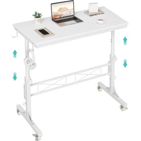 WINAZ Small Portable Treadmill Walking Pad Desk on Wheels, 32 Inch White Adjustable Height Mobile Rolling Standing Teacher Desks, Couch Sofa Side Laptop Stand Up Table for Bedroom, White WINAZ