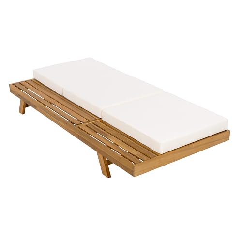 Christopher Knight Home Kayes Acacia Wood Chaise Lounge Chair Outdoor Set of 2, Poolside Sun Lounger Recliner, Patio Outdoor Chaise Lounge with 4'' Triple Folds Cushion, Teak+Cream
