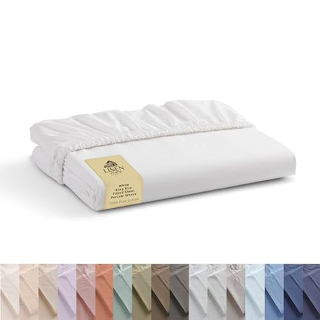Linen Home 100% Cotton Percale Weave Fitted Sheet, King Size, White, 1 Deep Pocket Fitted Sheet, Fits Mattress Upto 16" Crisp and Cool Strong Bed Linen, 78"X80"+15" Linen Home