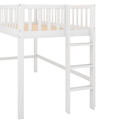 Twin Size Low Loft Bed with Removable Slide and Safety Rails by RORIGAT – Solid Pine Wood Frame, Space-Saving Design in White - WoodArtSupply