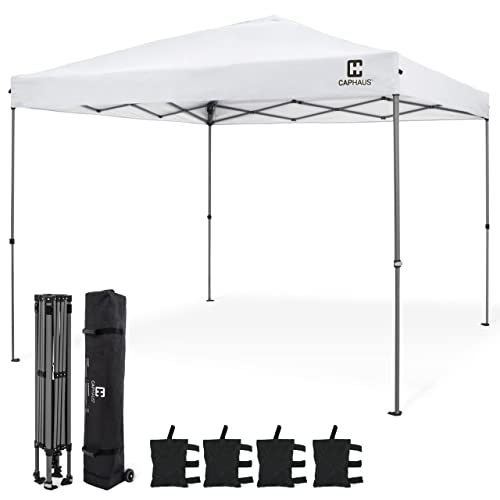 CAPHAUS 12ft x 12ft Patented One-Push Pop Up Outdoor Canopy Tent, Heavy-Duty Commercial Grade w/Central Lock, Portable and Instant Folding Shelter with Wheeled Carry Bag and Weight Bag, White CAPHAUS