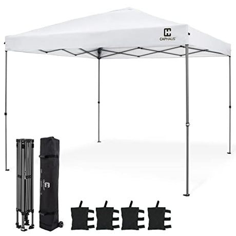 CAPHAUS 12ft x 12ft Patented One-Push Pop Up Outdoor Canopy Tent, Heavy-Duty Commercial Grade w/Central Lock, Portable and Instant Folding Shelter with Wheeled Carry Bag and Weight Bag, White CAPHAUS