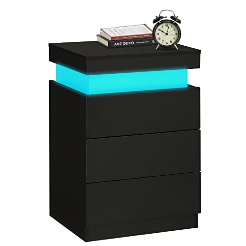 ADORNEVE Nightstand with Charging Station and LED Lights,Night Stand with Sliding Top,Bedside Table with Drawers,Modern End Side Table for Bedroom,Black ADORNEVE