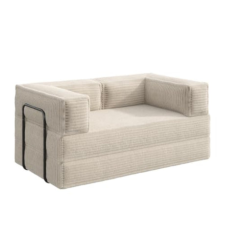 WLIVE 71'' Futon Sofa Bed, Convertible Sleeper Sofa, Folding Pull Out Couch Boneless Mattress with Fixed Frame, Corduroy, with Storage Pocket, Beige WLIVE
