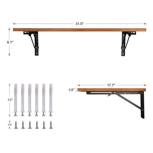 RêveLife 31.5 Inch Wall Mounted Folding Table Solid Pine Wood Floating Desk Industrial Rustic Workbench Heavy Duty Drop-Leaf Table Computer Bar Dining Table for Laundry Room Small Space Office, Brown RêveLife