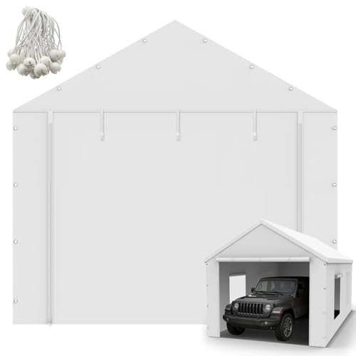 10x20FT Carport Canopy Front/Back Panel Entrance Door Tarp with Zippers, Waterproof & UV Protected Replacement Sidewall Cover with Ball Bungees (White) Voxary