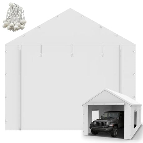 10x20FT Carport Canopy Front/Back Panel Entrance Door Tarp with Zippers, Waterproof & UV Protected Replacement Sidewall Cover with Ball Bungees (White) Voxary