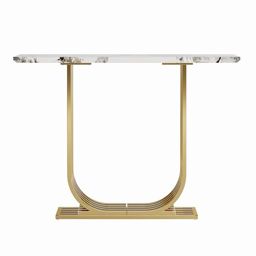GDFStudio 43.3" Modern Console Table, Narrow Wooden Entryway Table with Imitation Marble Top and Gold Metal Base, Accent Sofa Table Behind Couch for Living Room Foyer Hallway, White+Gold GDFStudio