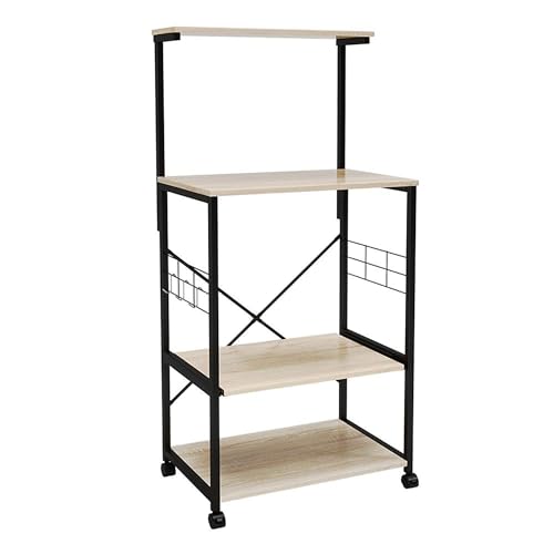 Bestier 4 Tier Shelves Portable Utility Kitchen Storage Baker's Rack Organizer Cart Stand with Adjustable Wheels and Side Hooks, 49 Inch, Oak