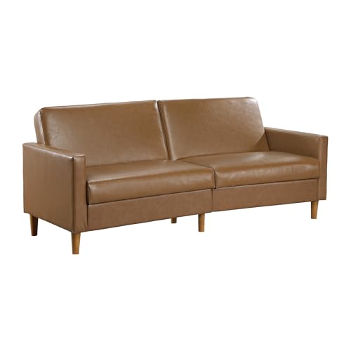 Lexicon 79"W Convertible Futon Sofa Bed, Loveseat, Faux Leather Upholstered Couch Sleeper, Adjustable Backrests, Padded Pocket Coil, Solid Wood Legs for Living Room, Bedroom, Apartment, Office, Camel Lexicon