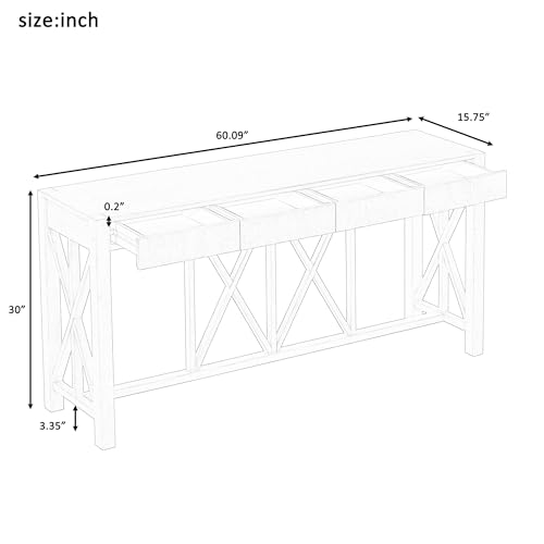 60'' Long Console Table with 4 Spacious Drawers,Modern Crisscross Design Entryway Table with Open Bottom Storage,Farmhouse Sofa Tables for Living Room,Kitchen,Dining Room,Hallway,Grey JIJIWANG
