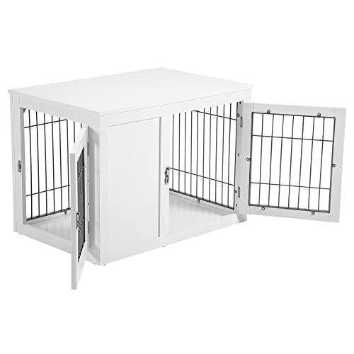 PawHut Dog Crate Furniture Wire Indoor Pet Kennel Cage, End Table with Double Doors, Locks for Small and Medium Dog House, White - WoodArtSupply