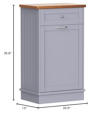 TOLEAD Tilt Out Trash Cabinet,Antique-style Beadboard Kitchen Island with Solid Wood Tabletop & Drawer, Pet Proof Trash Can, Wood Laundry Cabinet (Grey) TOLEAD
