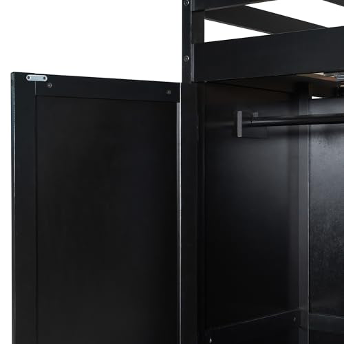 Gaming Loft Bed with Desk & Storage Shelves & Wardrobe & RGB Lighting,Full Size Wood Loft Bed Frame with Guardrail,DIY Pegboard,Curtains and Ladder,Esports Design for PC & Console Gamers,Black Red Harper & Bright Designs