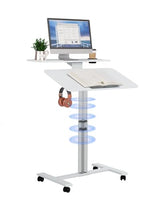 TecbL Pneumatic Standing Desk with Wheels - Adjustable Height 28" - 46" & 0-90° Tilt, 31.5" x 17.7" Skin-Feel Desktop, Rolling Computer Desk for Home Office, Hospital, School (White) TecbL