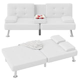 Flamaker Futon Sofa Bed Modern Folding Futon Set PU Leather Convertible Recliner Lounge for Living Room with 2 Cup Holders, Removable Armrests (PU Leather, White) Flamaker