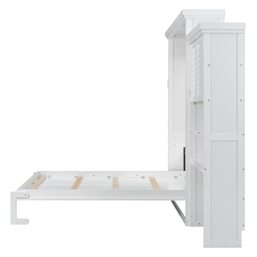 MERITLINE Queen Size Farmhouse Murphy Bed with Storage Cabinet and Shelves, Wooden Hidden Foldable Wall Bed Frame, Murphy Wall Bed Cabinet Queen for Adults, Space-Saving, White MERITLINE