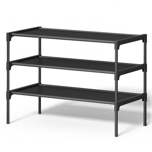 SONGMICS Shoe Rack, 3-Tier Shoe Storage Organizer, Space-Saving, 11.6 x 24.5 x 21 Inches, Entryway, Metal Frame, Non-Woven Fabric Shelves, Ink Black ULSH023BH01 SONGMICS