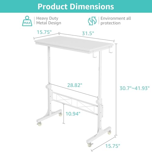 WINAZ Small Portable Treadmill Walking Pad Desk on Wheels, 32 Inch White Adjustable Height Mobile Rolling Standing Teacher Desks, Couch Sofa Side Laptop Stand Up Table for Bedroom, White WINAZ