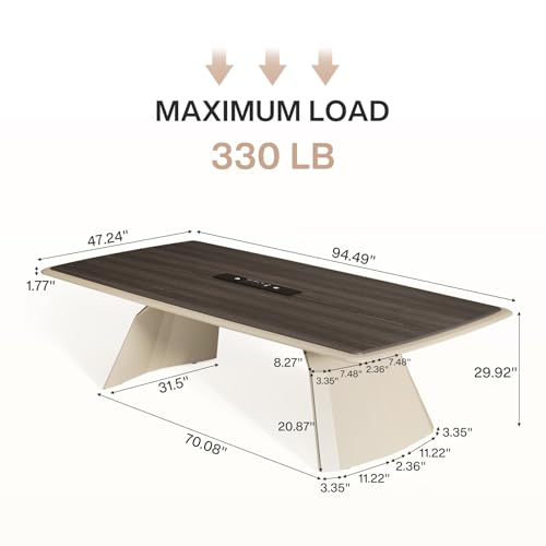 Tribesigns 7.87 ft Extra Long Conference Table for 10-12 People, Large Business Rectangle Meeting Seminar Table with Stainless Steel Base & Recessed Power Strip Socket, Gray + Khaki Tribesigns