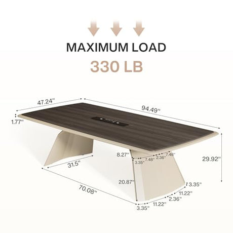 Tribesigns 7.87 ft Extra Long Conference Table for 10-12 People, Large Business Rectangle Meeting Seminar Table with Stainless Steel Base & Recessed Power Strip Socket, Gray + Khaki Tribesigns